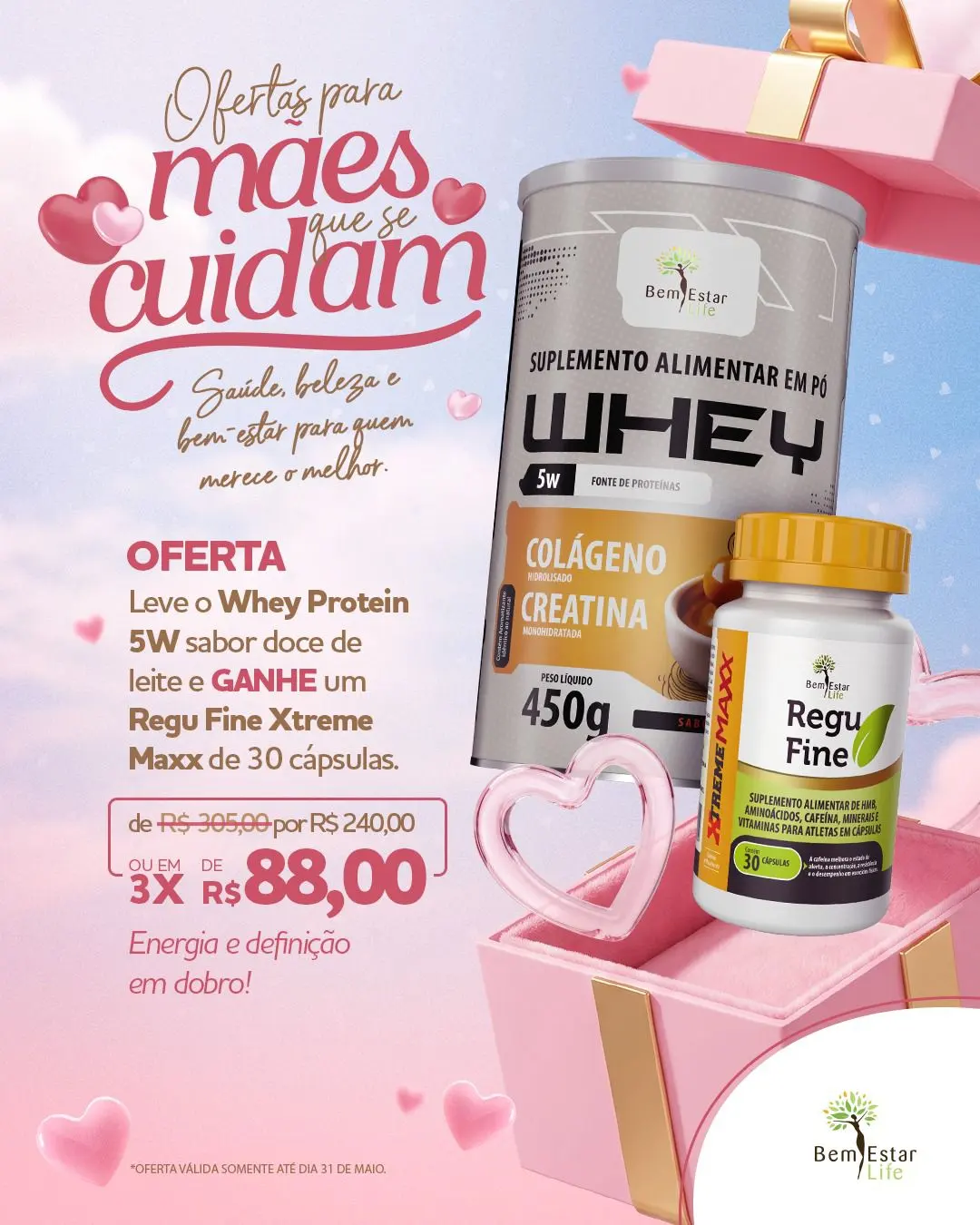 NA COMPRA DE WHEY PROTEIN 5W SABOR DOCE DE LEITEC/ CREATINA E COLAGENO 450 GR BRINDES: REGU FINE XTREME MAXX 30 CAPS.
