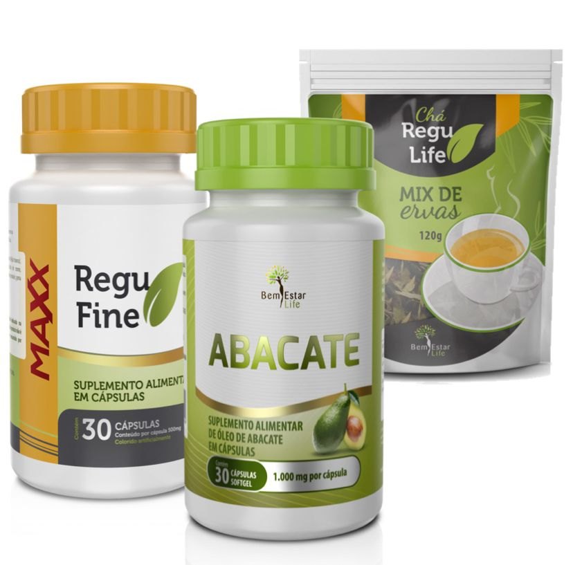 Regu Fine Maxx Potente Acelerador de Metabolismo + Chá Regu life Pacote 120g + Óleo de Abacate 