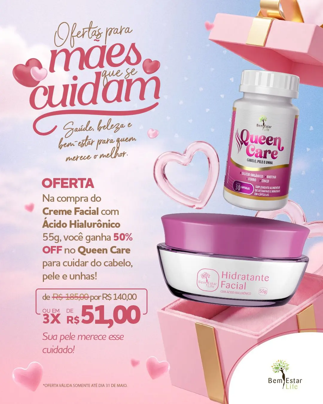 CREME FACIAL COM ACIDO HIALURONICO GANHA 50% DSCTO DE QUEEN CARE (CABELO PELE E UNHA) 30 CAPSULAS